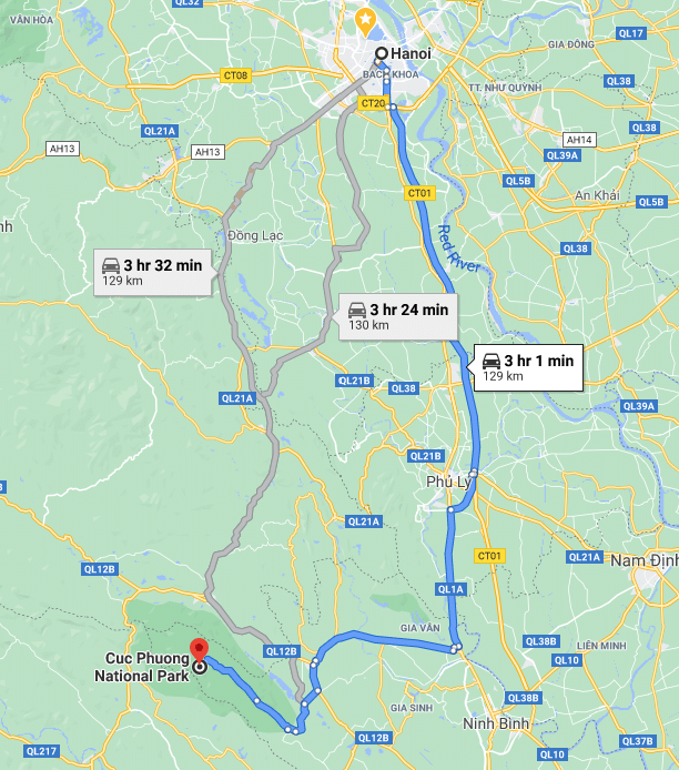 Hanoi to Cuc Phuong National Park route map