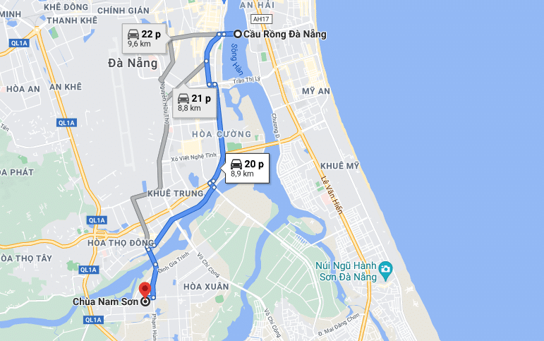 Route map to Nam Son Pagoda from Dragon Bridge Da Nang
