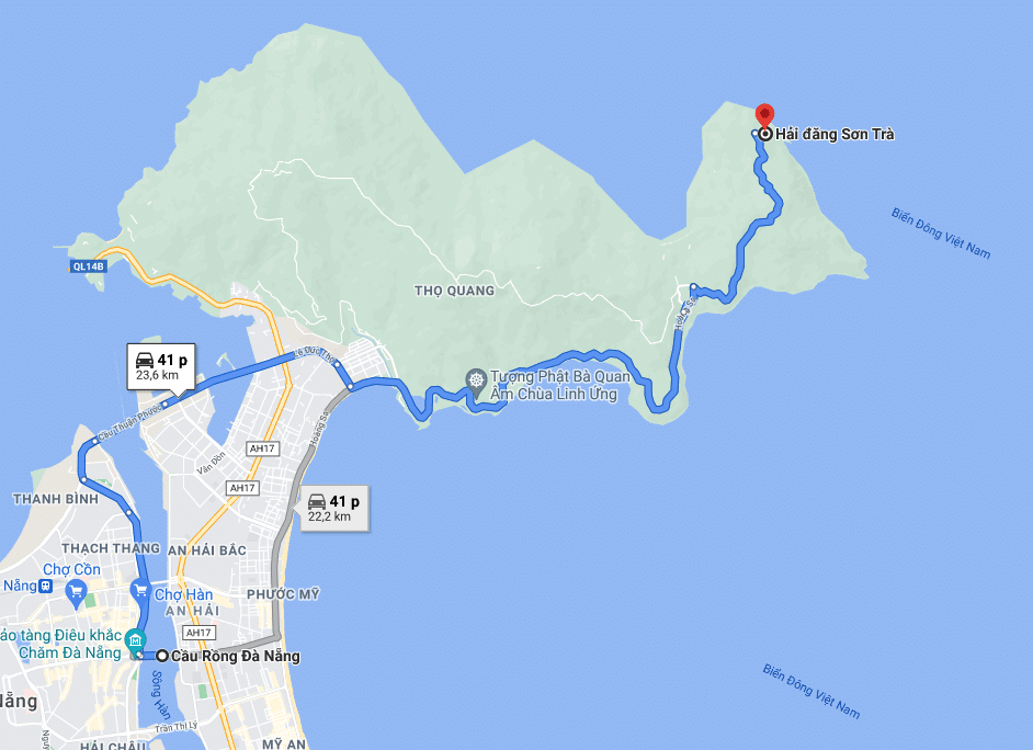 Route map to Tien Sa Lighthouse from Dragon Bridge (Da Nang)